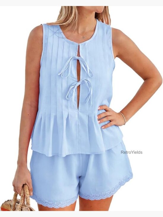Other - 2 Piece Lounge Set Sleeveless Tie Front Top & Shorts Pajamas